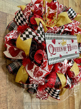 Load image into Gallery viewer, Queen of Hearts Valentine Wreath – Red, Gold &amp; Black Harlequin Ribbon Door Decor
