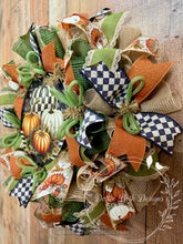Load image into Gallery viewer, Fall Pumpkin Wreath with Black and White Check – Elegant Autumn Door Decor
