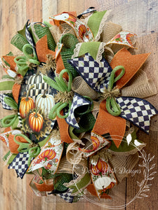 Fall Pumpkin Wreath with Black and White Check – Elegant Autumn Door Decor