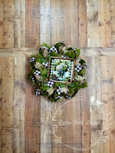 Load image into Gallery viewer, Harvest Blessings Hydrangea Wreath with Green, Burlap, and Buffalo Check Ribbon

