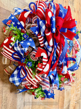 Load image into Gallery viewer, Patriotic Cross Poppy Field Wreath | Memorial Day 4th of July Front Door Decor | Red White Blue Deco Mesh Wreath
