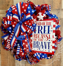 Load image into Gallery viewer, Land of the Free Patriotic Deco Mesh Wreath | Red White &amp; Blue Door Wreath | 4th of July | Memorial Day
