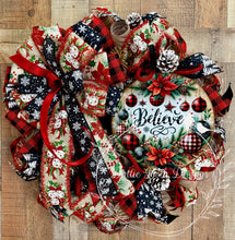 Load image into Gallery viewer, Believe Christmas Wreath with Red Black Buffalo Plaid, Poinsettias and Snowflake Ribbon
