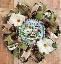 Load image into Gallery viewer, Spring Magnolia Welcome Wreath – Green Plaid Magnolia Door Decor
