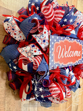 Load image into Gallery viewer, Patriotic Welcome Wreath | 4th of July Front Door Decor | Red White Blue Stars Deco Mesh Wreath
