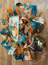 Load image into Gallery viewer, Pumpkin Fall Wreath – Teal and Orange Farmhouse Autumn Door Décor
