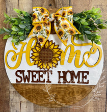 Load image into Gallery viewer, Sunflower Home Sweet Home Door Hanger – Rustic Wooden Front Door Sign with Greenery and Bow
