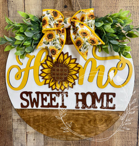 Sunflower Home Sweet Home Door Hanger – Rustic Wooden Front Door Sign with Greenery and Bow