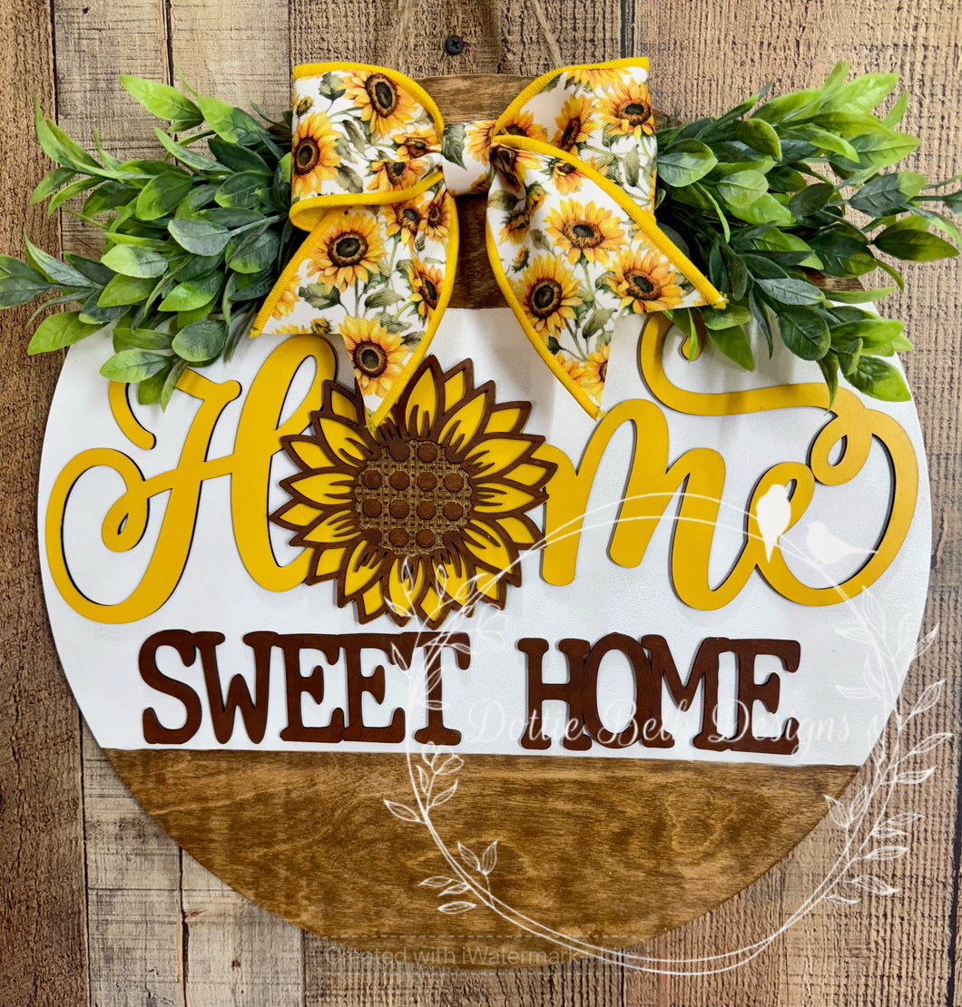 Sunflower Home Sweet Home Door Hanger – Rustic Wooden Front Door Sign with Greenery and Bow