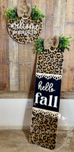 Load image into Gallery viewer, Leopard Print Fall Welcome Pumpkin Door Hanger – Rustic Wooden Front Porch Decor
