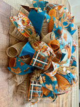 Load image into Gallery viewer, Pumpkin Fall Wreath – Teal and Orange Farmhouse Autumn Door Décor
