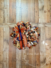 Load image into Gallery viewer, Whimsical Fall Scarecrow Wreath with Navy &amp; Burnt Orange
