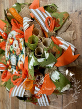 Load image into Gallery viewer, Welcome Fall Wreath with Pumpkins, Green and Orange Ribbons – Rustic Autumn Deco Mesh Wreath
