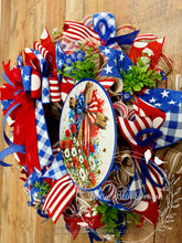 Load image into Gallery viewer, Patriotic Cross Poppy Field Wreath | Memorial Day 4th of July Front Door Decor | Red White Blue Deco Mesh Wreath
