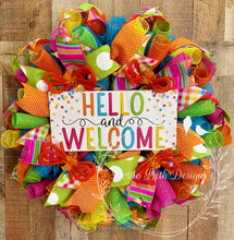 Load image into Gallery viewer, Colorful Hello and Welcome Wreath – Bright Summer Deco Mesh Door Wreath with Polka Dot Ribbon and Welcome Sign
