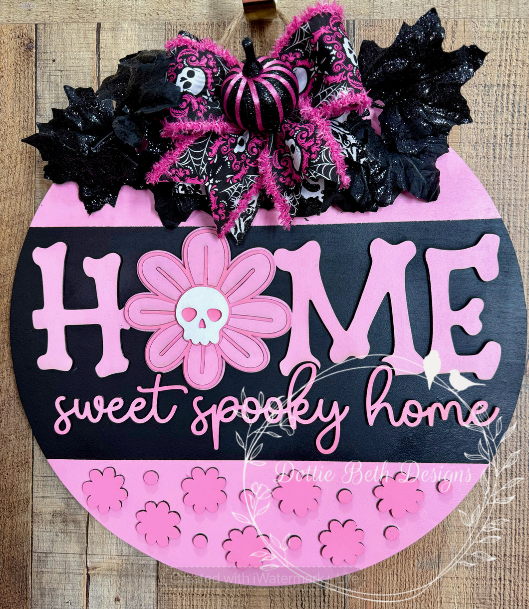 Home Sweet Spooky Home Pink Halloween Door Hanger – 16” Round