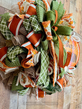 Load image into Gallery viewer, Hey There Pumpkin Fall Wreath with Orange Pumpkins, Moss Green Ribbon and Autumn Florals
