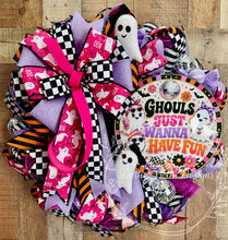 Load image into Gallery viewer, Ghouls Just Wanna Have Fun Halloween Wreath | Pink Ghost Front Door Decor
