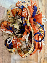 Load image into Gallery viewer, Whimsical Fall Scarecrow Wreath with Navy &amp; Burnt Orange
