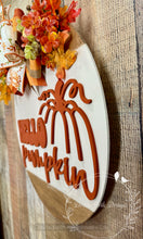 Load image into Gallery viewer, Hello Pumpkin Fall Door Hanger with 3D Pumpkin Design – 18” Round, 1/4” Thick
