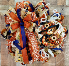 Load image into Gallery viewer, Whimsical Fall Scarecrow Wreath with Navy &amp; Burnt Orange
