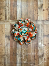 Load image into Gallery viewer, Teal Pumpkin Welcome Wreath with Orange, Burlap, and Striped Ribbons – Fall Deco Mesh Wreath

