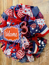 Load image into Gallery viewer, Patriotic Welcome Wreath | 4th of July Front Door Decor | Red White Blue Stars Deco Mesh Wreath
