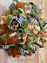 Load image into Gallery viewer, Fall Pumpkin Wreath with Black and White Check – Elegant Autumn Door Decor
