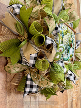 Load image into Gallery viewer, Harvest Blessings Hydrangea Wreath with Green, Burlap, and Buffalo Check Ribbon

