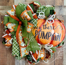 Load image into Gallery viewer, Hey There Pumpkin Fall Wreath with Orange Pumpkins, Moss Green Ribbon and Autumn Florals
