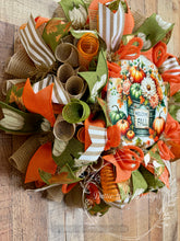 Load image into Gallery viewer, Welcome Fall Wreath with Pumpkins, Green and Orange Ribbons – Rustic Autumn Deco Mesh Wreath

