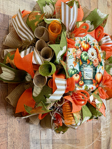 Welcome Fall Wreath with Pumpkins, Green and Orange Ribbons – Rustic Autumn Deco Mesh Wreath