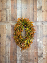 Load image into Gallery viewer, Pumpkin Bead Grass Grapevine Wreath with Coordinating Fall Bow | Rustic Autumn Front Door Decor | 22” x 32”
