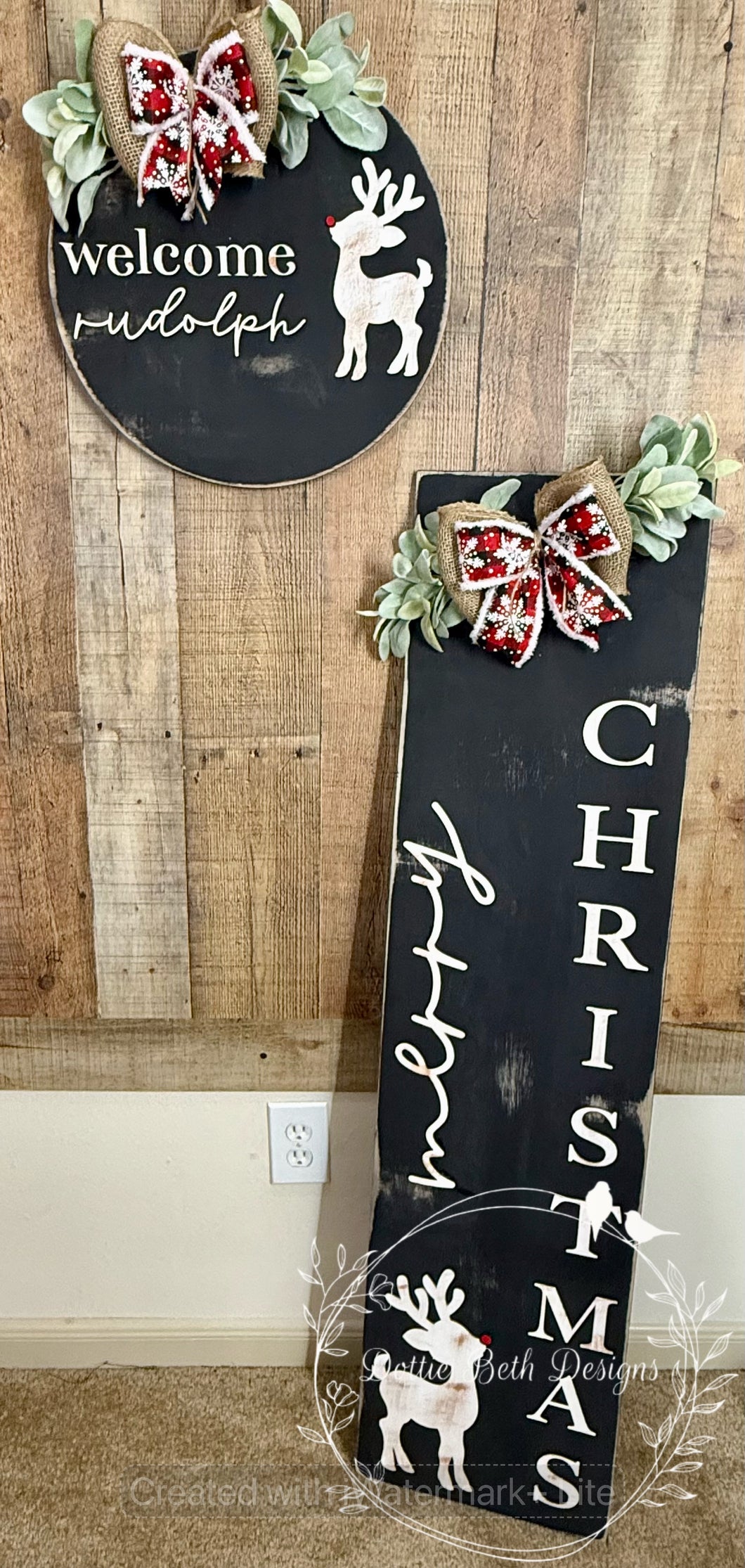 Rustic Christmas Porch Sign & Welcome Rudolph Door Hanger – Wooden Front Porch Holiday Decor