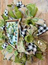 Load image into Gallery viewer, Harvest Blessings Hydrangea Wreath with Green, Burlap, and Buffalo Check Ribbon
