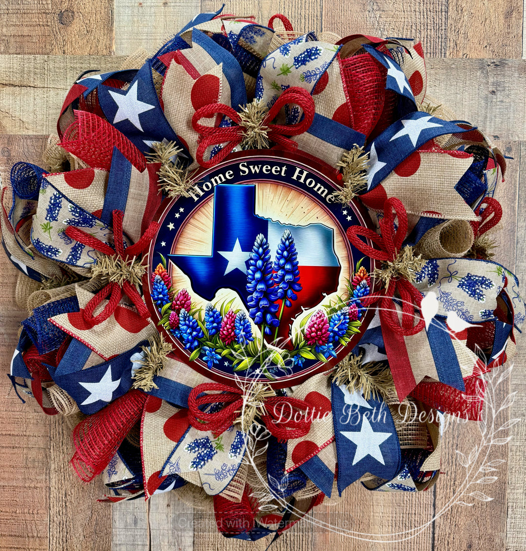 Texas Home Sweet Home Bluebonnet Wreath – Red, White, and Blue Decor