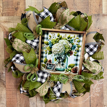 Load image into Gallery viewer, Harvest Blessings Hydrangea Wreath with Green, Burlap, and Buffalo Check Ribbon
