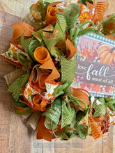 Load image into Gallery viewer, I Love Fall Most of All Wreath – Orange and Green Autumn Deco Mesh Door Decor
