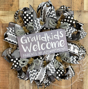 Grandkids Welcome Wreath – Black and White Deco Mesh Door Decor