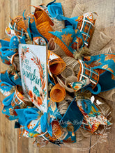 Load image into Gallery viewer, Hey There Pumpkin Fall Wreath – Teal and Orange Autumn Door Decoration
