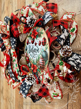Load image into Gallery viewer, Believe Christmas Wreath with Red Black Buffalo Plaid, Poinsettias and Snowflake Ribbon
