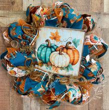 Load image into Gallery viewer, Pumpkin Fall Wreath – Teal and Orange Farmhouse Autumn Door Décor
