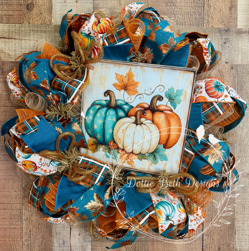 Pumpkin Fall Wreath – Teal and Orange Farmhouse Autumn Door Décor