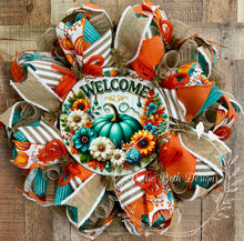 Load image into Gallery viewer, Teal Pumpkin Welcome Wreath with Orange, Burlap, and Striped Ribbons – Fall Deco Mesh Wreath
