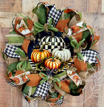 Load image into Gallery viewer, Fall Pumpkin Wreath with Black and White Check – Elegant Autumn Door Decor
