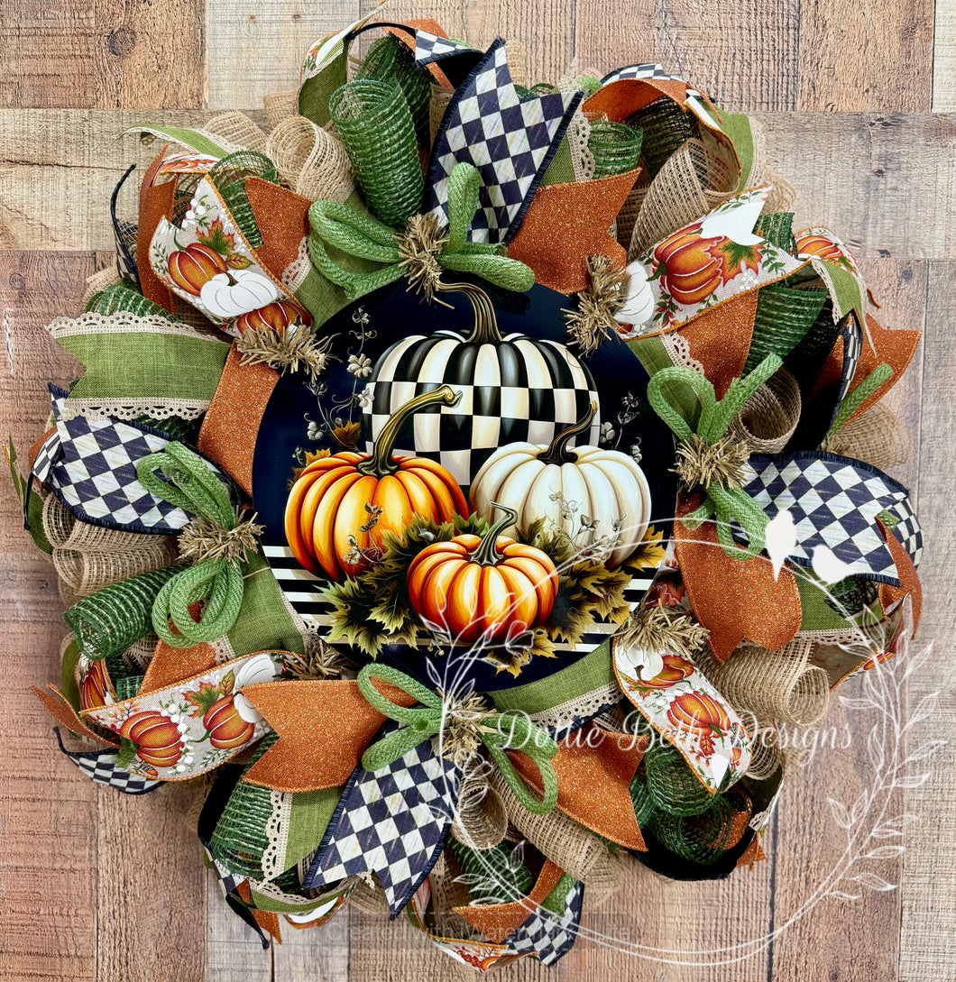 Fall Pumpkin Wreath with Black and White Check – Elegant Autumn Door Decor