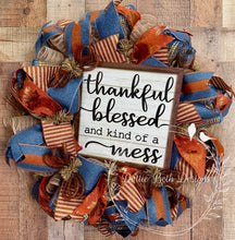 Load image into Gallery viewer, Thankful Blessed Fall Wreath – Smoke Blue and Pumpkin Orange Deco Mesh Wreath
