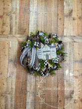 Load image into Gallery viewer, Farmhouse Home Sweet Home Wreath – Black, White, Grey, and Burlap Décor

