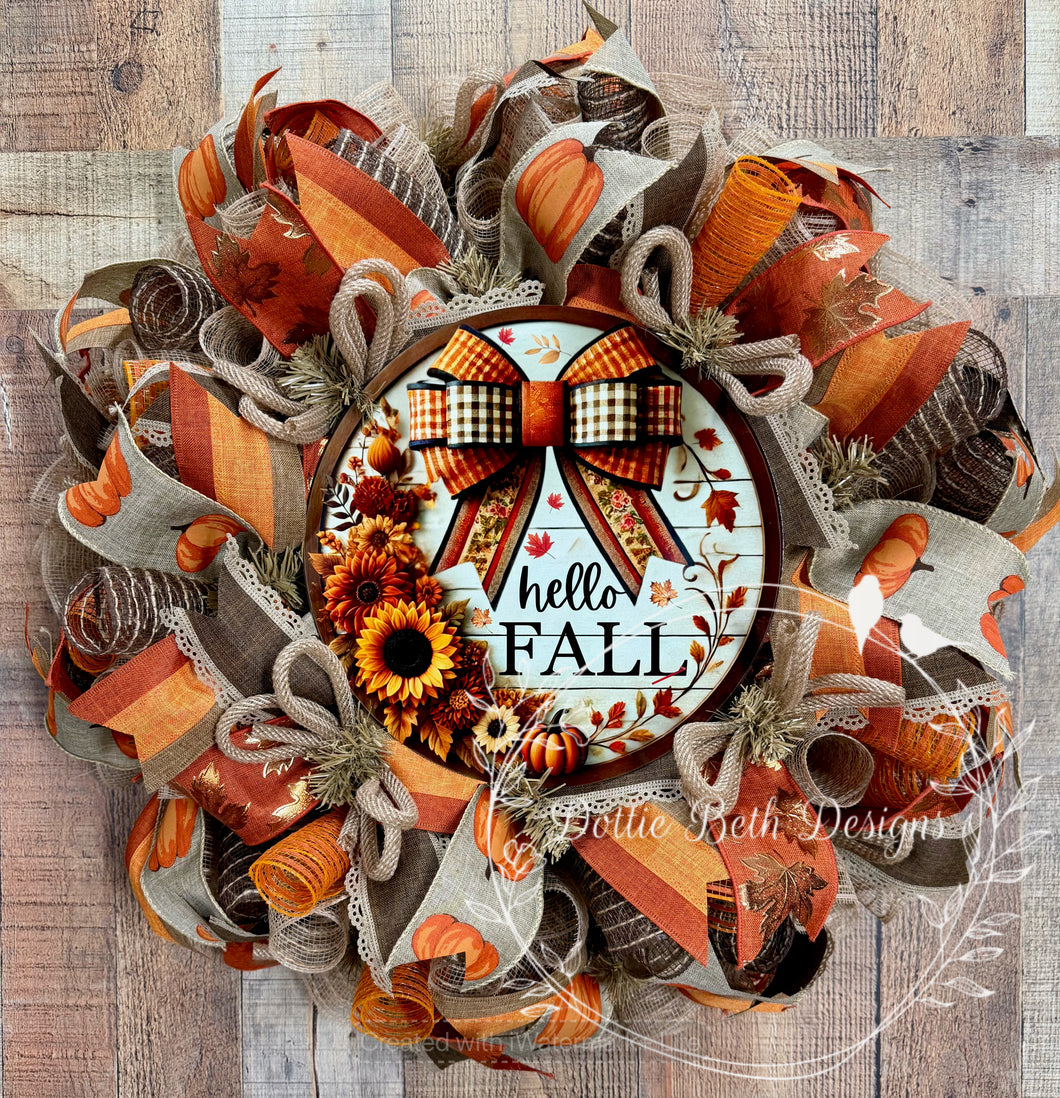 Hello Fall Pumpkin and Sunflower Wreath – Rustic Autumn Door Decor
