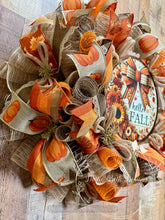Load image into Gallery viewer, Hello Fall Pumpkin and Sunflower Wreath – Rustic Autumn Door Decor
